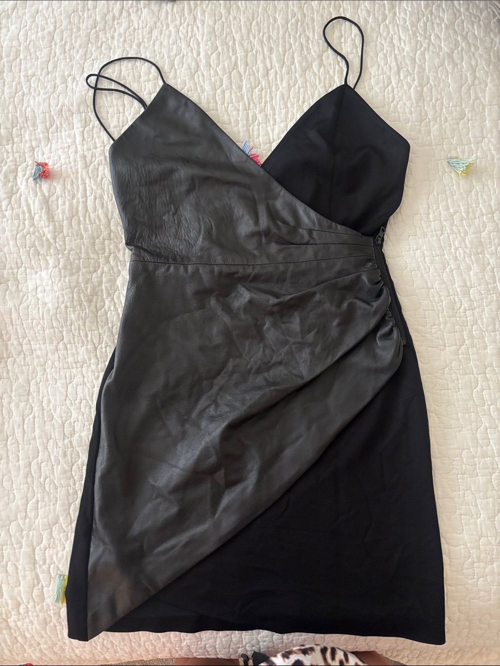 Alice + Olivia Black Faux-Leather Wrap Mini Dress
